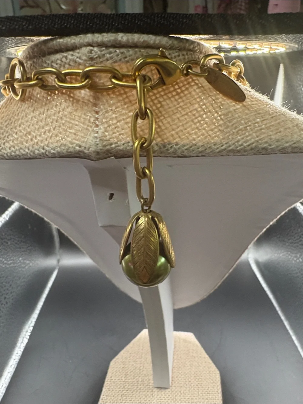Lenora Dame Olive Green Pearl Leaf Statement Necklace Gold Tone Retired